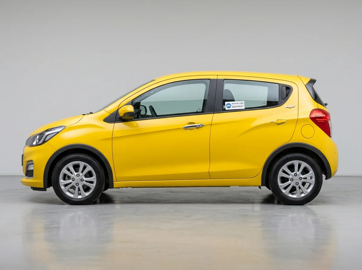 Economy hatchback Chevrolet Spark yellow, side profile clean studio background, small rental car