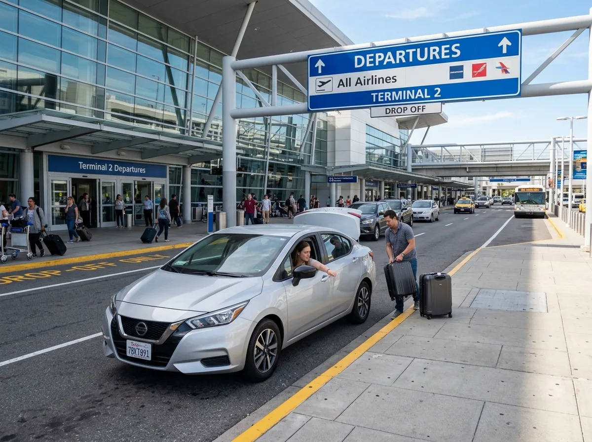 Compact sedan Nissan Versa silver, parked at airport drop-off zone, daylight