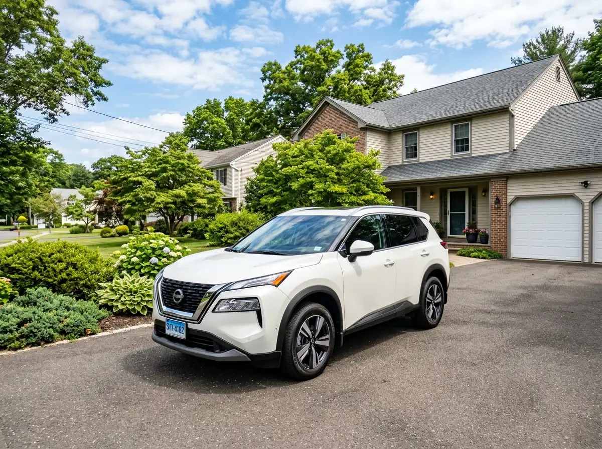 Nissan Rogue SUV white, crossover vehicle at suburban driveway, bright daylight