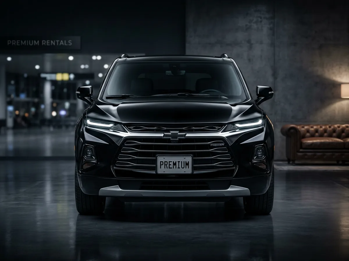 Chevrolet Blazer premium SUV black gloss finish, upscale rental vehicle front view dramatic studio lighting
