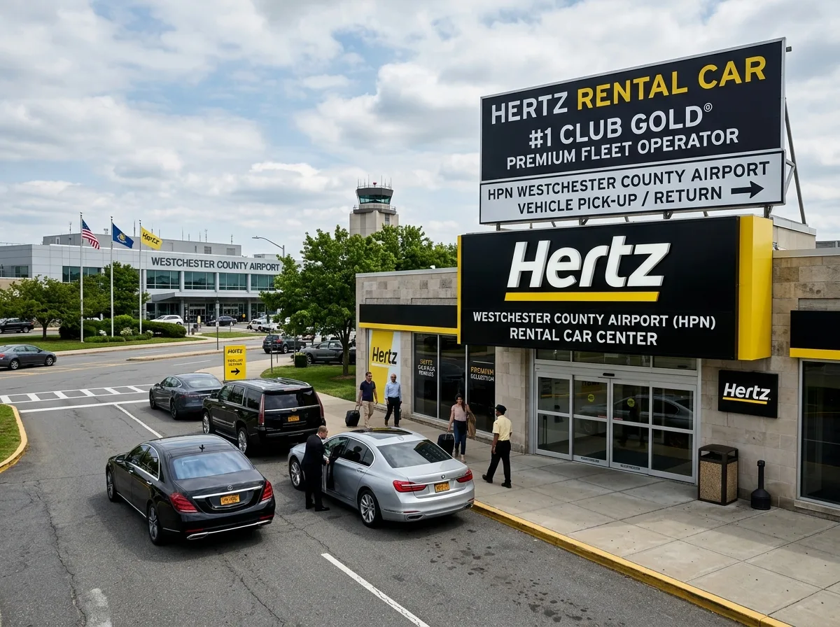 Hertz rental car logo yellow, premium fleet operator at HPN Westchester County