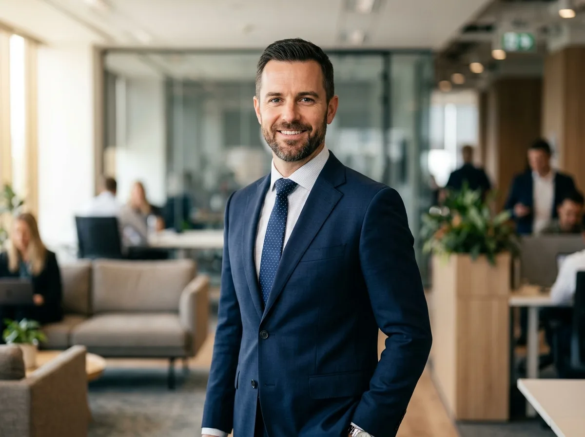 Male business traveler mid-40s, confident headshot, neutral office background