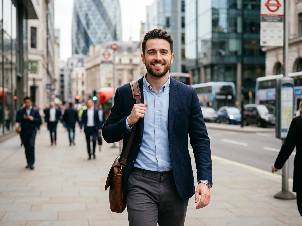 Young professional man late 20s, friendly smile, urban background blur