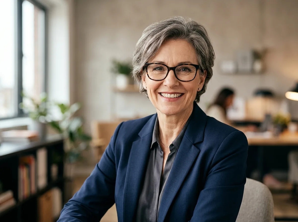 Mature professional woman glasses, warm smile, office headshot clean background